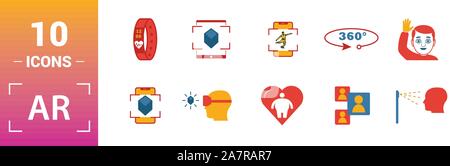 Ar et Vr icon set. Éléments de création : réalité augmentée, 360 avis, la reconnaissance du visage, les lunettes de réalité augmentée, des icônes. Peut être utilisé Illustration de Vecteur