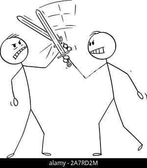 Vector cartoon stick figure dessin illustration conceptuelle de deux hommes d'affaires ou des combats d'épées ou d'escrime. Concept d'entreprise de la concurrence. Illustration de Vecteur