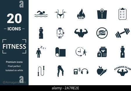 Icon Set de remise en forme. Inclure des éléments créatifs en piscine, brûler des calories, de l'eau, la malbouffe, la restauration d'icônes. Peut être utilisé pour rapport, présentation Illustration de Vecteur