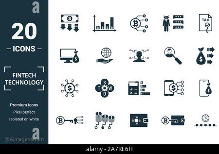 La technologie Fintech icon set. Inclure des éléments créatifs, revenu de base, la technologie bitcoin kyc, prêt en ligne, modèle d'icônes. Peut être utilisé pour Illustration de Vecteur