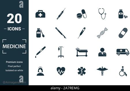 Médicament icon set. Inclure des éléments créatifs sac médical, pilules, mélange, ADN, icônes pipette. Peut être utilisé pour rapport, présentation, dessin, web Illustration de Vecteur