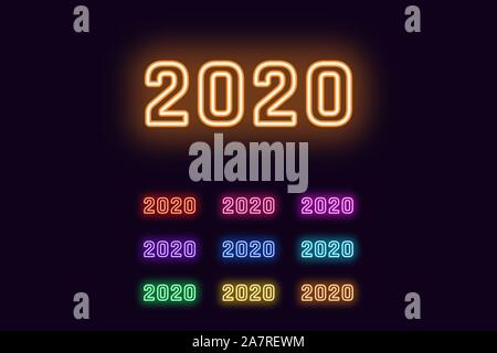 Nombre de néon, 2020 nouveaux chiffres de l'année dans différentes couleurs monochromes. Ensemble de glowing Neon en date 2020 style avec rétroéclairage transparent. Icône, signer et Sy Illustration de Vecteur