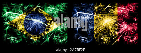 Brésil, brésilien contre le Tchad, célébration du Nouvel An tchadien drapeaux fireworks mousseux fond concept. Combinaison de deux membres des drapeaux. Banque D'Images