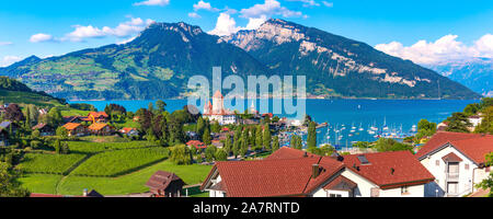 Vue panoramique aérienne de Spiez ville avec l'Église et château sur les rives du lac de Thoune, dans le canton suisse de Berne au coucher du soleil, Spiez, Suisse. Banque D'Images