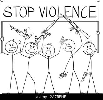 Vector cartoon stick figure dessin illustration conceptuelle du groupe ou une foule de soldats, ou des gens armés de fusils démontrant ou brandir de pistolets et fusils et la tenue d'arrêter la violence signe. Illustration de Vecteur