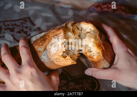 Female hands close-up breaking baguette de pain. L'ancien français chaleureux chambre à l'arrière-plan. Mains lacèrent miche. Banque D'Images