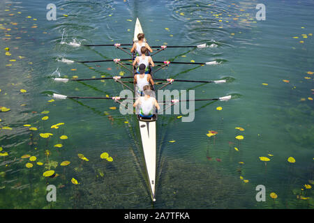 L'équipe d'aviron de quadruple pour hommes sur le lac vert turquoise Banque D'Images