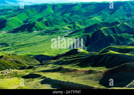 Paysage de la prairie dans Kalajun comté Tekes, préfecture autonome Kazakh de SG, le nord-ouest de la Chine, la Région autonome du Xinjiang Uygur, 9 juillet 2019. Banque D'Images