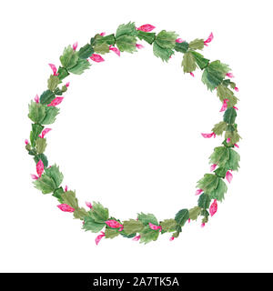 Couronne de Noël avec Zigokaktus Schlumbergera. Aquarelle dessiné à la main) Illustration botanique. Réaliste objet isolé sur fond blanc pour votre Banque D'Images
