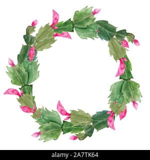 Couronne de Noël avec Zigokaktus Schlumbergera. Aquarelle dessiné à la main) Illustration botanique. Réaliste objet isolé sur fond blanc pour votre Banque D'Images