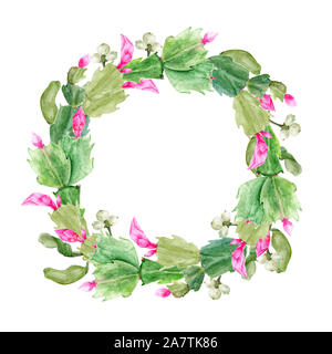 Couronne de Noël avec Zigokaktus Schlumbergera. Aquarelle dessiné à la main) Illustration botanique. Réaliste objet isolé sur fond blanc pour votre Banque D'Images