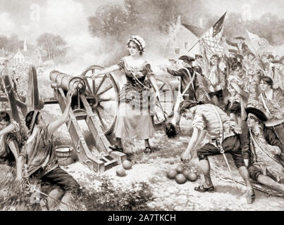 Molly Pitcher cannon tir à la bataille de Monmouth au cours de la guerre de la Révolution américaine. Molly Pitcher's vrai nom est pensé pour avoir été Mary Ludwig Hays McCauley, 1744 - 1832. Après un travail de Percy E. Moran. Banque D'Images