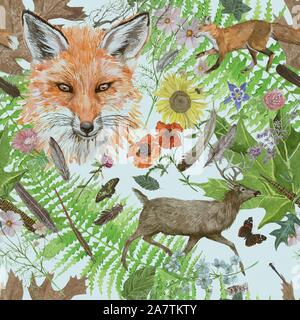 Aquarelle Aquarelle transparente dessiné à la main avec motif tête fox running deer, fleurs, feuilles, plumes. Banque D'Images