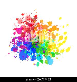 Éclaboussures de peinture de couleurs vives de couleurs arc-en-ciel dans des gouttes d'aquarelle isolated on white Illustration de Vecteur