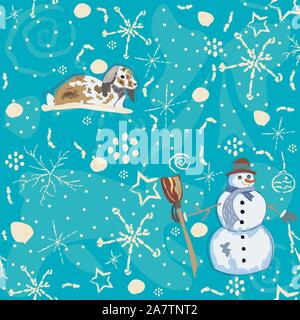 Motif d'hiver sans couture avec lapins sur fond bleu avec hand drawn doodles d'hiver. Vector Illustration Illustration de Vecteur