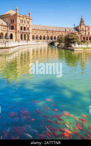 Seville Plaza de Espana canal avec carpes koï goldfish swimming Plaza de Espana Seville Parc Maria Luisa Séville Espagne eu Europe Banque D'Images