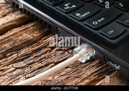 Portable branché sur la connexion Internet par câble Banque D'Images