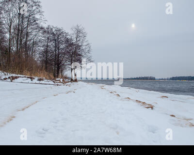 Ligne de côte Lielupe debouchment à mer Baltique après tempête avec des arbres tombés durant le gel de l'hiver avec des tons gris et ciel nuageux Banque D'Images