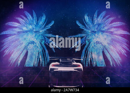 Beau paysage surréaliste abstrait du monde futuriste retro espace informatique dans le style de la science-fiction des années 80. En voiture futuriste s virtuel Banque D'Images