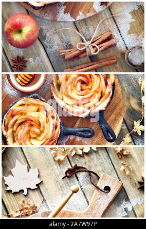 Autumntime collage abstrait arrière-plan créatif. Tartes faites maison en forme de rose avec des tranches de pomme cuite au fer à repasser poêlons. Top mise sur des planches avec ma Banque D'Images