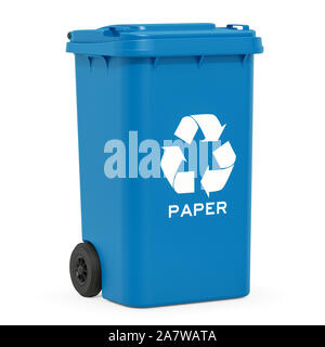 Corbeille de recyclage bleu pour les déchets de papier, 3D Rendering isolé sur fond blanc Banque D'Images