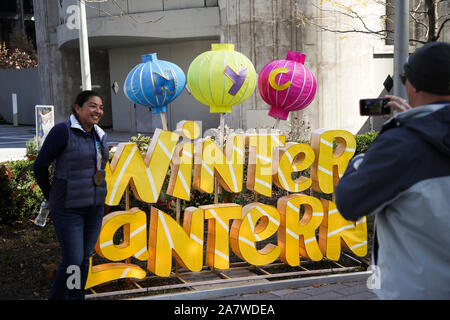 New York, USA. 4ème Nov, 2019. Une femme pose pour des photos devant une lanterne à un aperçu de l'hiver 2019 NYC Festival à New York, États-Unis, le 4 novembre 2019. L'hiver 2019 NYC Lantern Festival sera ouvert à Snug Harbour Centre Culturel & Botanical Garden à Staten Island de New York le 20 novembre, mettant en vedette plus de 1 000 lanternes chinoises fabriquées à la main, avec des spectacles et des expositions interactives pour les visiteurs de partout dans le monde. Credit : Wang Ying/Xinhua/Alamy Live News Banque D'Images