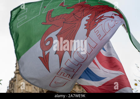 Londres, Royaume-Uni - 25 Octobre : Pro-Brexit installé un mur de militants Union Jacks et autres drapeaux à travers la route du Parlement. Banque D'Images