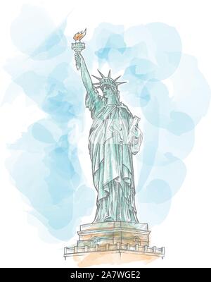 Statue de la liberté part dessiner sur fond d'aquarelle Illustration de Vecteur