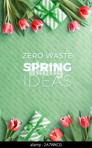 Green eco friendly fond avec cadeaux enveloppés et fraîcheur d'eucalyptus brindilles autour de châssis en bois avec texte "zéro déchets printemps idées".. Télévision lay, t Banque D'Images