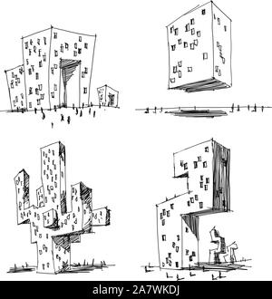 Dessiné à la main quatre dessins d'un architectectural abstrait architecture moderne Illustration de Vecteur