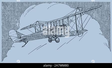 Un membre de la forme d'un biplan à deux places historiques, volant vers un gros cumulus nuage dans un ciel bleu-gris. Dans les couches modifiable Illustration de Vecteur