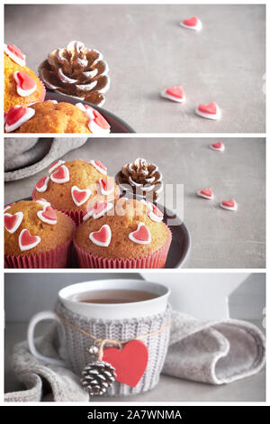 L'hiver ou la Saint-Valentin collage. Décoré avec des coeurs muffins de sucre et une tasse avec cœur rouge sur fond gris clair. Valentine's day Banque D'Images