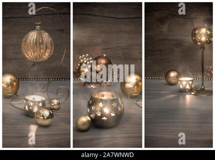 Décorations de Noël vintage, cuir doré, brillant et babioles bibelots burning metal lumignon lanternes avec de la fumée sur table en bois vieilli, collage. Banque D'Images