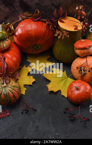 La récolte ou de l'action de concept. La vie toujours avec des citrouilles, courges et feuilles sur fond noir vertical de l'espace de copie Banque D'Images