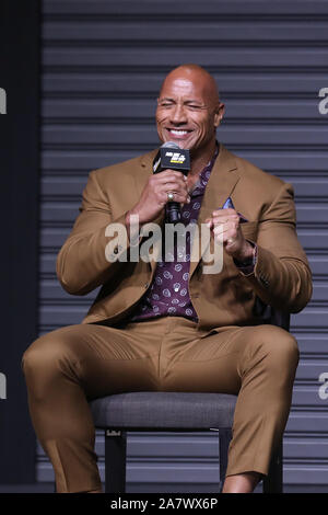 L'acteur américain Dwayne Johnson participe à une conférence de presse pour nouveau film 'Fast & Furious présente : Hobbs & Shaw' à Beijing, Chine, le 5 août 2019. Banque D'Images