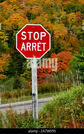 Une image verticale d'un panneau d'arrêt bilingue rouge sur une route au Nouveau-Brunswick au Canada. Banque D'Images