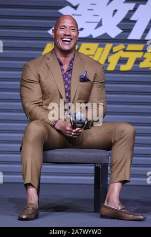 L'acteur américain Dwayne Johnson participe à une conférence de presse pour nouveau film 'Fast & Furious présente : Hobbs & Shaw' à Beijing, Chine, le 5 août 2019. Banque D'Images