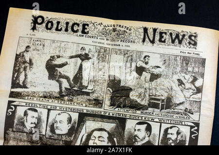 Jack l'Eventreur era journal (réplique) : Police illustrée à la une (08 Sept 1888) montrant le meurtre, tentative de meurtre et de suicide. Banque D'Images