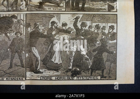 Jack l'Eventreur era journal (réplique) : Nouvelles de la police (22 Sept 1888) Première page montrant les images graphiques d'un couteau. Banque D'Images