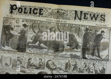 Jack l'Eventreur era journal (réplique) : Police illustrée à la une (20 Oct 1888) montrant les enquêtes liées aux meurtres de Whitechapel. Banque D'Images
