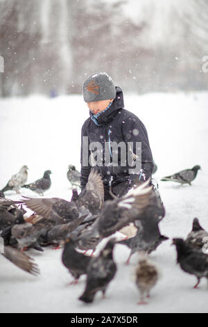 Boy rss oiseaux affamés en hiver. Secourir les animaux en froid. enfant protège la nature. Pigeons dans la ville en hiver sur la neige. Soft focus. Banque D'Images