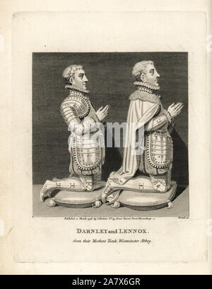 Henry Stuart, lord Darnley et Charles Stuart, comte de Lennox, de la tombe de Marie, Reine des Écossais dans l'abbaye de Westminster. La gravure sur cuivre par Birrell de John Pinkerton Scotica 2e moitié, ou des portraits de personnes illustres de l'Ecosse, Londres, 1797. Banque D'Images