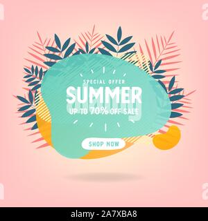 Vente d'été avec un fond de couleur lumineuse plage tropicale bannière de mise en page. Illustration de Vecteur