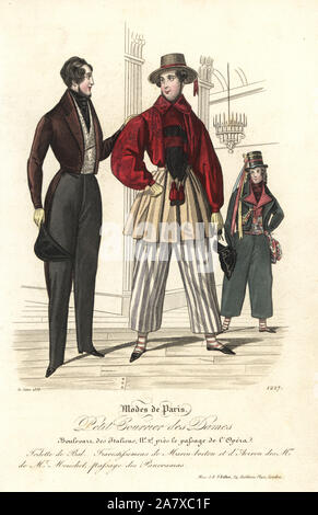 Les hommes en costume pour un bal masqué : deux marins en Breton comme hat, blouse, jupe et pantalon à rayures. Gravure coloriée du magazine de mode Petit Courrier des Dames, Paris, 1836. Banque D'Images