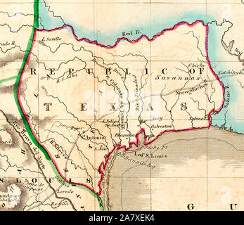 La carte du Texas en 1836 - Peu après le Texas a déclaré son indépendance du Mexique en 1836, l'Edinburgh peintre, graveur, imprimante, cartographe, lithographe et éditeur William Home Lizars (1788-1859), frère de Daniel Lizars II (1793 à 1875) Mise à jour de la plaque d'origine pour la carte du Mexique & Guatemala afin d'inclure la nouvelle république. Il a ajouté les villes de Galveston, Harrisburg, Brazoria, S. Felipe de Austin (bien que récemment détruites), Bejar, et 'S. Jose' (probablement destinée à représenter Goliad). Lizars n'a pas fait d'autres améliorations à la forme cartographique générale de la République, sauf à Banque D'Images