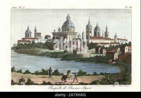 Avis de Buenos Aires, Argentine, début du xixe siècle, montrant la cathédrale, églises, maisons et la baie. La gravure sur cuivre coloriée par Ferrrario Migliavacca Giulio de costumes d'Antique et de moderne de tous les peuples (Il Costume Antico e Moderno di tutti i Popoli), Florence, 1842. Banque D'Images