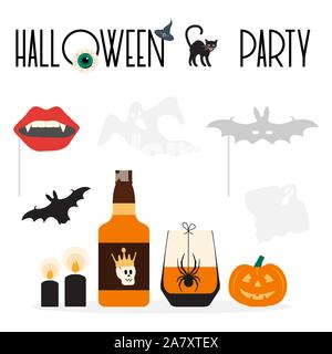 Halloween Party 2020 Vector illustration avec l'inscription Halloween party, verre, bouteille, spider, crâne, chauve-souris vampire, masque de bouche, fantômes, chapeau de sorcière, c Illustration de Vecteur