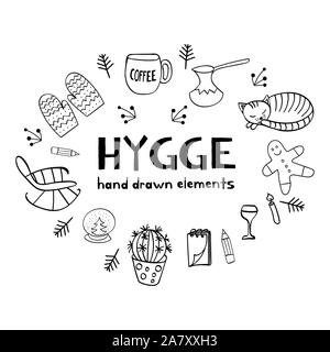 Hygge éléments dessinés à la main. Contours noir et blanc pour des objets design confortable. Illustartion de vecteur. Illustration de Vecteur