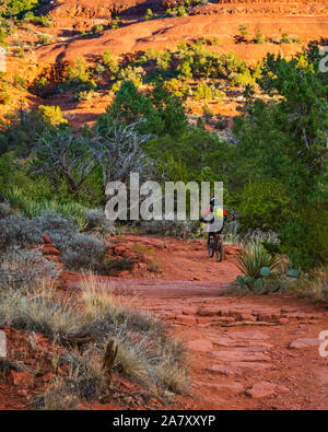 Une femelle du vélo de montagne escalade Bell Rock Trail à Sedona, Arizona. Banque D'Images