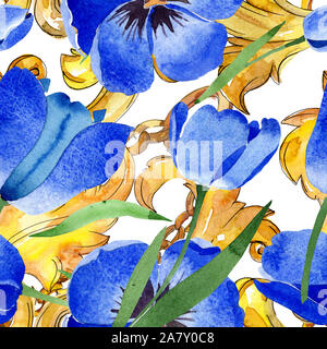 Tulipes fleurs botanique floral bleu. Contexte aquarelle illustration set. Motif de fond transparent. Banque D'Images